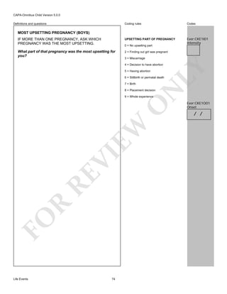 CAPA-Omnibus Child Version 5.0.0
Coding rules

Codes

IF MORE THAN ONE PREGNANCY, ASK WHICH
PREGNANCY WAS THE MOST UPSETTING.

UPSETTING PART OF PREGNANCY

Ever:CKE1I01
Intensity

What part of that pregnancy was the most upsetting for
you?

2 = Finding out girl was pregnant

Definitions and questions

MOST UPSETTING PREGNANCY (BOYS)

0 = No upsetting part

3 = Miscarriage

5 = Having abortion

LY

4 = Decision to have abortion

6 = Stillbirth or perinatal death

N

7 = Birth
8 = Placement decision

FO

R

RE

VI

EW

O

9 = Whole experience

Life Events

74

Ever:CKE1O01
Onset

/ /

 