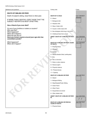 CAPA-Omnibus Child Version 5.0.0
Coding rules

Codes

DEATH OF A CHILD

Definitions and questions

Ever:CKE6E01
Intensity

DEATH OF SIBLING OR PEER
Death of subject's sibling, close friend or other peer.

0 = Absent

IF MORE THAN 2 DEATHS, CODE THOSE THAT THE
SUBJECT REPORTS AS MOST UPSETTING.

1 = Biological child
2 = Adoptive child

Has a friend of you ever died?

LY

3 = Step or foster child

Or one of your brothers or sisters or cousins?
Who was that?
What happened?
When did it happen?
What did s/he die of?
Have you known anyone around your age who has
committed suicide?

4 = Cousin or other close child

5 = Non-biological child living in the home

N

6 = Childhood friend from school

ONSET: DEATH OF A SIBLING OR PEER
#1

O

What happened?
When did it happen?

DEATH OF A SIBLING OR PEER: CAUSE
OF DEATH

Ever:CKE6O01

/ /
Ever:CKE6X01

1 = Physical illness.

EW

2 = Accident
3 = Suicide

4 = Natural disaster (flood, earthquake).
5 = Fire

RE

VI

6 = War or terrorism.
7 = Riots or urban violence.
8 = Noxious agent.
9 = Physical violence.
10 = Physical abuse.
11 = Captivity
DEATH OF A SIBLING OR PEER

Ever:CKE7E01

0 = Absent

R

1 = Biological Sibling
2 = Step/Adopted/Foster Sibling

FO

3 = Close Friend
4 = Other Friend
5 = Acquaintance at school
6 = Other related child
ONSET: DEATH OF A SIBLING OR PEER
#2

Ever:CKE7O01

DEATH OF A SIBLING OR PEER #2:
CAUSE OF DEATH

Ever:CKE7X01

1 = Physical illness.

Life Events

83

/ /

 