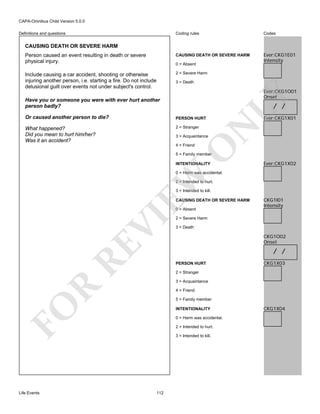 CAPA-Omnibus Child Version 5.0.0
Coding rules

Codes

Person caused an event resulting in death or severe
physical injury.

CAUSING DEATH OR SEVERE HARM

Ever:CKG1E01
Intensity

Include causing a car accident, shooting or otherwise
injuring another person, i.e. starting a fire. Do not include
delusional guilt over events not under subject's control.

2 = Severe Harm

Definitions and questions

CAUSING DEATH OR SEVERE HARM

0 = Absent

3 = Death

Have you or someone you were with ever hurt another
person badly?

LY

Ever:CKG1O01
Onset

/ /

PERSON HURT

What happened?
Did you mean to hurt him/her?
Was it an accident?

2 = Stranger

Ever:CKG1X01

N

Or caused another person to die?

3 = Acquaintance

O

4 = Friend

5 = Family member
INTENTIONALITY

Ever:CKG1X02

EW

0 = Harm was accidental.
2 = Intended to hurt.
3 = Intended to kill.
CAUSING DEATH OR SEVERE HARM

RE

VI

0 = Absent

CKG1I01
Intensity

2 = Severe Harm
3 = Death

CKG1O02
Onset

/ /
PERSON HURT

CKG1X03

2 = Stranger

R

3 = Acquaintance
4 = Friend

FO

5 = Family member

Life Events

INTENTIONALITY
0 = Harm was accidental.
2 = Intended to hurt.
3 = Intended to kill.

112

CKG1X04

 