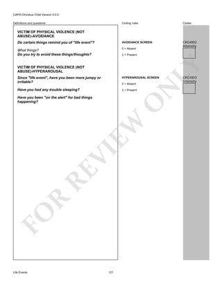 CAPA-Omnibus Child Version 5.0.0
Coding rules

Codes

Do certain things remind you of "life event"?

AVOIDANCE SCREEN

What things?
Do you try to avoid these things/thoughts?

0 = Absent

CKG4I02
Intensity

Definitions and questions

VICTIM OF PHYSICAL VIOLENCE (NOT
ABUSE)-AVOIDANCE

VICTIM OF PHYSICAL VIOLENCE (NOT
ABUSE)-HYPERAROUSAL

LY

2 = Present

HYPERAROUSAL SCREEN

Have you had any trouble sleeping?

2 = Present

0 = Absent

FO

R

RE

VI

EW

O

Have you been "on the alert" for bad things
happening?

Life Events

N

Since "life event", have you been more jumpy or
irritable?

121

CKG4I03
Intensity

 