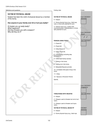 CAPA-Omnibus Child Version 5.0.0
Coding rules

Codes

Subject has been the victim of physical abuse by a member
of the family.

VICTIM OF PHYSICAL ABUSE

Ever:CKG5E01
Intensity

Has anyone in your family ever hit or hurt you badly?

2 = Some physical injury (e.g., black eye,
cuts), or force with potential for such.

Or beaten you up really badly?
What happened?
Did they threaten you with a weapon?
Why did they do it?

3 = Serious injury (e.g., broken limb,
unconsciousness, hospitalization), or force
with potential for such.

Definitions and questions

VICTIM OF PHYSICAL ABUSE

LY

0 = Absent

Ever:CKG5O01
Onset

N

/ /

PERSON USING FORCE

O

1 = Parent #1

Ever:CKG5X01

2 = Parent #2

3 = Other Parent #1

EW

4 = Other Parent #2

5 = Grandparent (including step
grandparent).
6 = Other adult family member.
7 = Sibling in the home.

RE

VI

8 = Sibling not in the home.
9 = Babysitter/Daycare provider.
10 = Unrelated child (peer) living in the
home
11 = Other
12 = Spouse or Romantic Partner
Specify

R

Ever:CKG5V01
Frequency

FO

THREATENED WITH WEAPON
0 = Absent
2 = Weapon used to threaten but not to hurt
victim.
3 = Weapon used to threaten and injure
victim.
VICTIM OF PHYSICAL ABUSE PP
0 = Absent
2 = Some physical injury (e.g., black eye,

Life Events

Ever:CKG5E02

122

CKG5I01
Intensity

 