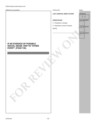 CAPA-Omnibus Child Version 5.0.0
Coding rules

Codes

LAST 3 MONTHS: ONSET OF RAPE

Definitions and questions

CKH0O04

/ /
Ever:CKH0X01

PERPETRATOR
2 = Perpetrator is stranger

Specify

Ever:CKH0X02

LY

3 = Perpetrator is known individual

N

Ever:CKH0X03

FO

R

RE

VI

EW

O

IF NO EVIDENCE OF POSSIBLE
SEXUAL ABUSE, SKIP TO "OTHER
EVENT", (PAGE 138).

Life Events

133

 
