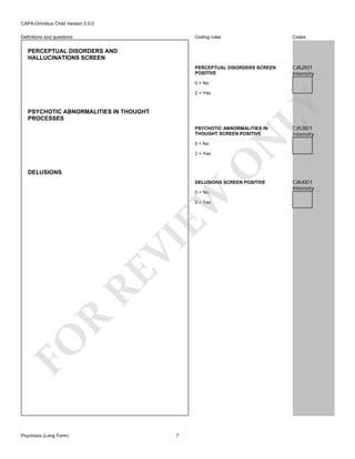 CAPA-Omnibus Child Version 5.0.0
Coding rules

Codes

PERCEPTUAL DISORDERS SCREEN
POSITIVE

Definitions and questions

CJA2I01
Intensity

PERCEPTUAL DISORDERS AND
HALLUCINATIONS SCREEN

0 = No

LY

2 = Yes

PSYCHOTIC ABNORMALITIES IN THOUGHT
PROCESSES

0 = No

O

2 = Yes

DELUSIONS

DELUSIONS SCREEN POSITIVE

EW

0 = No

FO

R

RE

VI

2 = Yes

Psychosis (Long Form)

7

CJA3I01
Intensity

N

PSYCHOTIC ABNORMALITIES IN
THOUGHT SCREEN POSITIVE

CJA4I01
Intensity

 