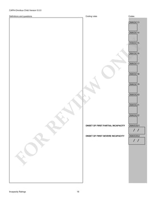 CAPA-Omnibus Child Version 5.0.0
Coding rules

Definitions and questions

Codes

CMA5X13

CMA5X14

LY

CMA5X15

RE

VI

EW

O

N

CMA5X16

CMA5X18

CMA5X19

CMA5X20

CMA5X21

CMA5X22

ONSET OF FIRST PARTIAL INCAPACITY

CMA5O01

/ /
ONSET OF FIRST SEVERE INCAPACITY

CMA5O02

R

/ /

FO
Incapacity Ratings

CMA5X17

16

 