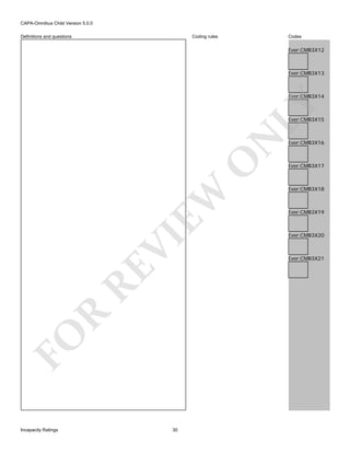 CAPA-Omnibus Child Version 5.0.0
Coding rules

Definitions and questions

Codes

Ever:CMB3X12

Ever:CMB3X13

LY

Ever:CMB3X14

FO

R

RE

VI

EW

O

N

Ever:CMB3X15

Incapacity Ratings

30

Ever:CMB3X16

Ever:CMB3X17

Ever:CMB3X18

Ever:CMB3X19

Ever:CMB3X20

Ever:CMB3X21

 