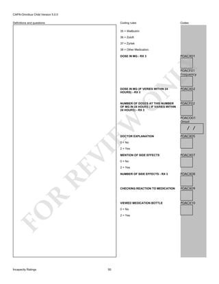 CAPA-Omnibus Child Version 5.0.0
Coding rules

Definitions and questions

Codes

35 = Wellbutrin
36 = Zoloft
37 = Zyrtek
38 = Other Medication.

POACX01

LY

DOSE IN MG - RX 3

N

POACF01
Frequency

O

DOSE IN MG (IF VERIES WITHIN 24
HOURS) - RX 3

EW

NUMBER OF DOSES AT THIS NUMBER
OF MG IN 24 HOURS ( IF VARIES WITHIN
24 HOURS) - RX 3

DOCTOR EXPLANATION

POACX02

POACF02

POACO01
Onset

/ /
POACX05

RE

VI

0 = No

MENTION OF SIDE EFFECTS

POACX07

0 = No
2 = Yes

POACX08

CHECKING REACTION TO MEDICATION

POACX09

VIEWED MEDICATION BOTTLE

R

NUMBER OF SIDE EFFECTS - RX 3

POACX10

0 = No

FO
Incapacity Ratings

2 = Yes

2 = Yes

50

 