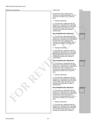 CAPA-Omnibus Child Version 5.0.0
Coding rules

Definitions and questions

Codes

be harmonious than conflictual; joint
activities are usually pleasurable; and it is
uncommon for either to try to avoid the
other.
1 = "Neutral" relationship

LY

2 = The child has a relationship with the
sibling that is characterized by a generally
negative tone. Interactions are more likely
to be conflictual than harmonious; joint
activities are usually either avoided, or
unpleasurable.
RELATIONSHIPS WITH SIBLING #5

CAK9X05

O

N

0 = The child has a relationship with the
sibling that is characterized by a generally
positive tone. Interactions are more likely to
be harmonious than conflictual; joint
activities are usually pleasurable; and it is
uncommon for either to try to avoid the
other.
1 = "Neutral" relationship

EW

2 = The child has a relationship with the
sibling that is characterized by a generally
negative tone. Interactions are more likely
to be conflictual than harmonious; joint
activities are usually either avoided, or
unpleasurable.

RE

VI

RELATIONSHIPS WITH SIBLING #6
0 = The child has a relationship with the
sibling that is characterized by a generally
positive tone. Interactions are more likely to
be harmonious than conflictual; joint
activities are usually pleasurable; and it is
uncommon for either to try to avoid the
other.
1 = "Neutral" relationship

R

2 = The child has a relationship with the
sibling that is characterized by a generally
negative tone. Interactions are more likely
to be conflictual than harmonious; joint
activities are usually either avoided, or
unpleasurable.
RELATIONSHIPS WITH SIBLING #7

FO

0 = The child has a relationship with the
sibling that is characterized by a generally
positive tone. Interactions are more likely to
be harmonious than conflictual; joint
activities are usually pleasurable; and it is
uncommon for either to try to avoid the
other.
1 = "Neutral" relationship
2 = The child has a relationship with the
sibling that is characterized by a generally
negative tone. Interactions are more likely
to be conflictual than harmonious; joint
activities are usually either avoided, or

Family Section

CAK9X06

53

CAK9X07

 