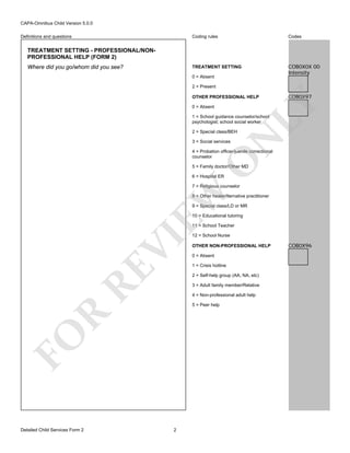 CAPA-Omnibus Child Version 5.0.0
Coding rules

Codes

TREATMENT SETTING

Definitions and questions

COB0X0X 00
Intensity

TREATMENT SETTING - PROFESSIONAL/NONPROFESSIONAL HELP (FORM 2)
Where did you go/whom did you see?

0 = Absent
2 = Present

0 = Absent

COB0X97

LY

OTHER PROFESSIONAL HELP

1 = School guidance counselor/school
psychologist; school social worker

N

2 = Special class/BEH
3 = Social services

O

4 = Probation officer/juenile correctional
counselor
5 = Family doctor/Other MD
6 = Hospital ER

EW

7 = Religious counselor
8 = Other healer/lternative practitioner
9 = Special class/LD or MR
10 = Educational tutoring

RE

VI

11 = School Teacher

OTHER NON-PROFESSIONAL HELP
0 = Absent
1 = Crisis hotline
2 = Self-help group (AA, NA, etc)
3 = Adult family member/Relative
4 = Non-professional adult help

R

5 = Peer help

FO
Detailed Child Services Form 2

12 = School Nurse

2

COB0X96

 