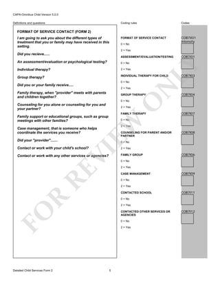 CAPA-Omnibus Child Version 5.0.0
Coding rules

Codes

FORMAT OF SERVICE CONTACT

Definitions and questions

COB7X01
Intensity

FORMAT OF SERVICE CONTACT (FORM 2)
I am going to ask you about the different types of
treatment that you or family may have received in this
setting.

0 = No
2 = Yes

Did you recieve......

ASSESSMENT/EVALUATION/TESTING
0 = No

Individual therapy?

2 = Yes

Group therapy?

INDIVIDUAL THERAPY FOR CHILD

2 = Yes

Family therapy, when "provider" meets with parents
and children together?

GROUP THERAPY

O

0 = No

Counseling for you alone or counseling for you and
your partner?

FAMILY THERAPY

COB7I04

COB7I07

EW

0 = No

2 = Yes

Case management, that is someone who helps
coordinate the services you receive?

COUNSELING FOR PARENT AND/OR
PARTNER

COB7I08

0 = No

VI

Contact or work with your child's school?

RE

Contact or work with any other services or agencies?

2 = Yes

FAMILY GROUP

COB7I06

0 = No
2 = Yes
CASE MANAGEMENT

COB7I09

0 = No
2 = Yes

R

CONTACTED SCHOOL

COB7I11

0 = No
2 = Yes

FO
Detailed Child Services Form 2

COB7I03

2 = Yes

Family support or educational groups, such as group
meetings with other families?

Did your "provider".......

N

0 = No

Did you or your family receive.....

COB7I01

LY

An assessment/evaluation or psychological testing?

CONTACTED OTHER SERVICES OR
AGENCIES
0 = No
2 = Yes

5

COB7I12

 