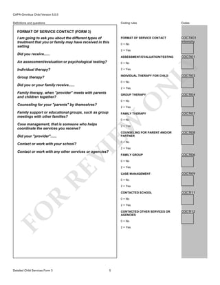 CAPA-Omnibus Child Version 5.0.0
Coding rules

Codes

FORMAT OF SERVICE CONTACT

Definitions and questions

COC7X01
Intensity

FORMAT OF SERVICE CONTACT (FORM 3)
I am going to ask you about the different types of
treatment that you or family may have received in this
setting

0 = No
2 = Yes

Did you receive......

ASSESSMENT/EVALUATION/TESTING
0 = No

Individual therapy?

2 = Yes

Group therapy?

INDIVIDUAL THERAPY FOR CHILD

2 = Yes

Family therapy, when "provider" meets with parents
and children together?

N

0 = No

Did you or your family receive......

GROUP THERAPY

O

0 = No

Counseling for your "parents" by themselves?

COC7I01

LY

An assessment/evaluation or psychological testing?

COC7I03

COC7I04

2 = Yes

Family support or educational groups, such as group
meetings with other families?

FAMILY THERAPY

COC7I07

EW

0 = No

Case management, that is someone who helps
coordinate the services you receive?

2 = Yes

COUNSELING FOR PARENT AND/OR
PARTNER

Did your "provider"......

0 = No

VI

Contact or work with your school?

2 = Yes

RE

Contact or work with any other services or agencies?

FAMILY GROUP

COC7I06

0 = No
2 = Yes
CASE MANAGEMENT

COC7I09

0 = No
2 = Yes

R

CONTACTED SCHOOL

COC7I11

0 = No
2 = Yes

FO
Detailed Child Services Form 3

COC7I08

CONTACTED OTHER SERVICES OR
AGENCIES
0 = No
2 = Yes

5

COC7I12

 