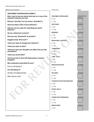 CAPA-Omnibus Child Version 5.0.0
Coding rules

Codes

Now I want to ask you about what wen on in any of the
treatment sessions you had.

TREATMENT APPROACHES

COC8XYZ 00
Intensity

Did your "provider" (or any of your "providers")...

2 = Yes

Have you keep a diary of your behavior?

KEEP DIARY

Definitions and questions

TREATMENT APPROACHES (FORM 3)

0 = No

COC8I01

LY

0 = No

Help you set up a plan for rewarding your good
behavior?

2 = Yes

COC8I02

REWARDS

Set up a behavioral contract?

2 = Yes

Suggest using "time-outs"?

N

0 = No

Give you any "homework" to practice?

BEHAVIORAL CONTRACT
0 = No

Teach you ways to relax?

2 = Yes

O

Teach you ways to manage your behavior?

COC8I03

"HOMEWORK"

Teach you how your thoughts can affect how you feel
and behave?

EW

0 = No

2 = Yes

Teach you social skills?

"TIME - OUTS"

Teach you how to deal with depressing or anxious
thoughts?

2 = Yes

RE

Are still taking it?

COC8I05

0 = No

VI

Was medication prescribed for you?
Are you still taking it?

COC8I04

OFFSET OF MEDICATION.

MANAGE BEHAVIOR

COC8I06

0 = No
2 = Yes
RELAXING

COC8I07

0 = No

When did you stop?

2 = Yes
THOUGHTS AFFECTING BEHAVIOR

COC8I08

R

0 = No
2 = Yes

FO

SOCIAL SKILLS

COC8I09

0 = No
2 = Yes
COPING WITH DEPRESSION

COC8I10

0 = No
2 = Yes
MEDICATIONS
0 = No

Detailed Child Services Form 3

7

COC8I11

 