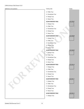 CAPA-Omnibus Child Version 5.0.0
Coding rules

Definitions and questions

Codes

2 = Often True
3 = Sometimes True
4 = Rarely True
5 = Never True

COC9I07

ALWAYS/NEVER TRUE

2 = Often True
3 = Sometimes True
4 = Rarely True

N

5 = Never True

LY

1 = Always True

ALWAYS/NEVER TRUE

COC9I08

O

1 = Always True
2 = Often True

3 = Sometimes True

EW

4 = Rarely True
5 = Never True
ALWAYS/NEVER TRUE

COC9I09

1 = Always True

RE

VI

2 = Often True
3 = Sometimes True
4 = Rarely True
5 = Never True
ALWAYS/NEVER TRUE

COC9I10

1 = Always True
2 = Often True
3 = Sometimes True

R

4 = Rarely True
5 = Never True

FO

ALWAYS/NEVER TRUE

COC9I11

1 = Always True
2 = Often True
3 = Sometimes True
4 = Rarely True
5 = Never True
ALWAYS/NEVER TRUE
1 = Always True

Detailed Child Services Form 3

10

COC9I12

 