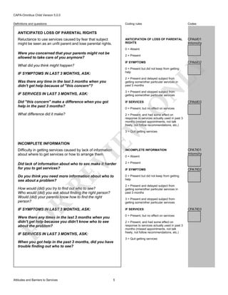 CAPA-Omnibus Child Version 5.0.0
Coding rules

Codes

ANTICIPATION OF LOSS OF PARENTAL
RIGHTS

Definitions and questions

CPA6I01
Intensity

ANTICIPATED LOSS OF PARENTAL RIGHTS
Reluctance to use services caused by fear that subject
might be seen as an unfit parent and lose parental rights.

0 = Absent

Were you concerned that your parents might not be
allowed to take care of you anymore?

2 = Present

CPA6I02

IF SYMPTOMS

LY

What did you think might happen?

0 = Present but did not keep from getting
help

IF SYMPTOMS IN LAST 3 MONTHS, ASK:

2 = Present and delayed subject from
getting some/other particular services in
past 3 months

IF SERVICES IN LAST 3 MONTHS, ASK:

3 = Present and stopped subject from
getting some/other particular services

N

Was there any time in the last 3 months when you
didn't get help because of "this concern"?

IF SERVICES

What difference did it make?

CPA6I03

2 = Present, and had some effect on
response to services actually used in past 3
months (missed appointments, not talk
freely, not follow recommendations, etc.)

O

Did "this concern" make a difference when you got
help in the past 3 months?

EW

0 = Present, but no effect on services

3 = Quit getting services

INCOMPLETE INFORMATION

INCOMPLETE INFORMATION

Did lack of information about who to see make it harder
for you to get services?

CPA7I01
Intensity

2 = Present

RE

VI

Difficulty in getting services caused by lack of information
about where to get services or how to arrange them.

Do you think you need more information about who to
see about a problem?

0 = Absent

IF SYMPTOMS
0 = Present but did not keep from getting
help
2 = Present and delayed subject from
getting some/other particular services in
past 3 months

How would (did) you try to find out who to see?
Who would (did) you ask about finding the right person?
Would (did) your parents know how to find the right
person?

R

3 = Present and stopped subject from
getting some/other particular services
IF SERVICES

Were there any times in the last 3 months when you
didn't get help because you didn't know who to see
about the problem?

0 = Present, but no effect on services

FO

IF SYMPTOMS IN LAST 3 MONTHS, ASK:

2 = Present, and had some effect on
response to services actually used in past 3
months (missed appointments, not talk
freely, not follow recommendations, etc.)

IF SERVICES IN LAST 3 MONTHS, ASK:

3 = Quit getting services

When you got help in the past 3 months, did you have
trouble finding out who to see?

Attitudes and Barriers to Services

CPA7I02

5

CPA7I03

 