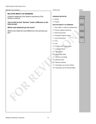 CAPA-Omnibus Child Version 5.0.0
Coding rules

Codes

Subject's weighting of the relative importance of the
barriers to service.

BARRIERS REPORTED

CPD4X01
Intensity

You've told me that "barriers" made a difference in the
help you got.

2 = Present

Which ones bothered you the most?

1 = Fear, dislike, or distrust of professionals

Definitions and questions

RELATIVE IMPACT OF BARRIERS

0 = Absent

2 = Previous negative experience

Which ones made the most difference in the services you
got?

3 = Self-consciousness

CPB4I01

LY

RELATIVE IMPACT OF BARRIERS

CPB4I02

N

4 = Anticipated negative reaction
7 = Lack Of Information
8 = Time

O

9 = Cost

10 = Problem With Transportation
11 = Language Barrier

EW

12 = Other Barrier
13 = Bureaucratic delay
14 = Service not available
15 = Refusal to treat

FO

R

RE

VI

16 = Refuses treatment

Attitudes and Barriers to Services

13

17 = Anticipated Loss of Own Children
18 = Anticipated Loss Of Parental Rights

CPB4I03

 