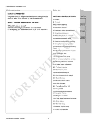 CAPA-Omnibus Child Version 5.0.0
Coding rules

Codes

Subject's listing of the providers/treatment settings whose
services were most affected by the above barriers.

TREATMENT SETTING(S) AFFECTED

CPB5X01
Intensity

Which "services" were affected the most?

2 = Present

Definitions and questions

SERVICES AFFECTED

0 = Absent

CPB5I01

1 = Psychiatric Hospital

LY

TREATMENT SETTING

Who didn't you go to see?
Is there someone you would like to have seen?
Or an agency you would have liked to go to for services?

2 = Psychiatric unit in general hospital

CPB5I02

3 = Drug/alcohol/detox unit

N

4 = Medical inpatient unit in hospital
5 = Residential treatment center

6 = Detention center/training school/jail

O

7 = Group home/emergency shelter

10 = Sheltered living/habilitation/halfway
house

EW

11 = Partial hospitalization/day program
12 = Drug/alcohol clinic
15 = Crisis/Rape Crisis Center
16 = In-home counseling/crisis services
17 = Private professional treatment

RE

VI

21 = College based professional
22 = Professor/Instructor
23 = Marriage Counselor
24 = Work Related Services
25 = Non-professional help at work
26 = Social Services
27 = Probation/Parole Officer
28 = Court Counselor

R

29 = Family Doctor/Other MD
30 = Hospital ER

FO

31 = Vocational Rehab/Sheltered
Workshop/Job Training
32 = Religious Counselor
33 = Other Healer/Alternative Practitioner
34 = Crisis Hotline
35 = Self Help Group
36 = Internet Support Group
37 = Help From Relatives

Attitudes and Barriers to Services

14

CPB5I03

 
