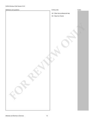 CAPA-Omnibus Child Version 5.0.0
Coding rules

Definitions and questions

Codes

38 = Other Non-professional help

FO

R

RE

VI

EW

O

N

LY

39 = Help from friends

Attitudes and Barriers to Services

15

 