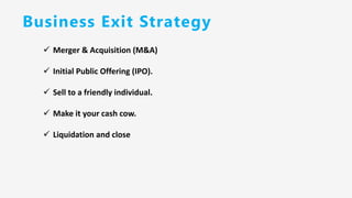 Business Exit Strategy
✓ Merger & Acquisition (M&A)
✓ Initial Public Offering (IPO).
✓ Sell to a friendly individual.
✓ Make it your cash cow.
✓ Liquidation and close
 
