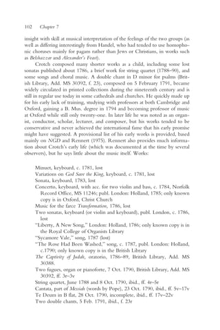 102     Chapter 7

insight with skill at musical interpretation of the feelings of the two groups (as
well as differing interestingly from Handel, who had tended to use homopho-
nic choruses mainly for pagans rather than Jews or Christians, in works such
as Belshazzar and Alexander’s Feast).
       Crotch composed many shorter works as a child, including some lost
sonatas published about 1786, a brief work for string quartet (1788–90), and
some songs and choral music. A double chant in D minor for psalms (Brit-
ish Library, Add. MS 30392, f. 23), composed on 5 February 1791, became
widely circulated in printed collections during the nineteenth century and is
still in regular use today in some cathedrals and churches. He quickly made up
for his early lack of training, studying with professors at both Cambridge and
Oxford, gaining a B. Mus. degree in 1794 and becoming professor of music
at Oxford while still only twenty-one. In later life he was noted as an organ-
ist, conductor, scholar, lecturer, and composer, but his works tended to be
conservative and never achieved the international fame that his early promise
might have suggested. A provisional list of his early works is provided, based
mainly on NGD and Rennert (1975). Rennert also provides much informa-
tion about Crotch’s early life (which was documented at the time by several
observers), but he says little about the music itself. Works:

      Minuet, keyboard, c. 1781, lost
      Variations on God Save the King, keyboard, c. 1781, lost
      Sonata, keyboard, 1783, lost
      Concerto, keyboard, with acc. for two violin and bass, c. 1784, Norfolk
         Record Office, MS 11246; publ. London: Holland, 1785; only known
         copy is in Oxford, Christ Church
      Music for the farce Transformation, 1786, lost
      Two sonatas, keyboard (or violin and keyboard), publ. London, c. 1786,
         lost
      “Liberty, A New Song,” London: Holland, 1786; only known copy is in
         the Royal College of Organists Library
      “Sycamore Vale,” song, 1787 (lost)
      “The Rose Had Been Washed,” song, c. 1787, publ. London: Holland,
         c.1790; only known copy is in the British Library
      The Captivity of Judah, oratorio, 1786–89, British Library, Add. MS
         30388.
      Two fugues, organ or pianoforte, 7 Oct. 1790, British Library, Add. MS
         30392, ff. 3r–3v
      String quartet, June 1788 and 8 Oct. 1790, ibid., ff. 4r–5r
      Cantata, part of Messiah (words by Pope), 23 Oct. 1790, ibid., ff. 5v–17v
      Te Deum in B flat, 28 Oct. 1790, incomplete, ibid., ff. 17v–22v
      Two double chants, 5 Feb. 1791, ibid., f. 23r
 