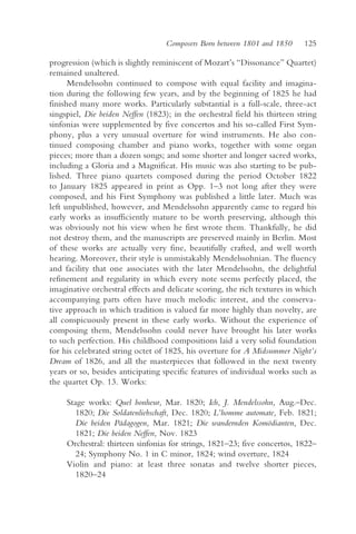Composers Born between 1801 and 1850      125

progression (which is slightly reminiscent of Mozart’s “Dissonance” Quartet)
remained unaltered.
      Mendelssohn continued to compose with equal facility and imagina-
tion during the following few years, and by the beginning of 1825 he had
finished many more works. Particularly substantial is a full-scale, three-act
singspiel, Die beiden Neffen (1823); in the orchestral field his thirteen string
sinfonias were supplemented by five concertos and his so-called First Sym-
phony, plus a very unusual overture for wind instruments. He also con-
tinued composing chamber and piano works, together with some organ
pieces; more than a dozen songs; and some shorter and longer sacred works,
including a Gloria and a Magnificat. His music was also starting to be pub-
lished. Three piano quartets composed during the period October 1822
to January 1825 appeared in print as Opp. 1–3 not long after they were
composed, and his First Symphony was published a little later. Much was
left unpublished, however, and Mendelssohn apparently came to regard his
early works as insufficiently mature to be worth preserving, although this
was obviously not his view when he first wrote them. Thankfully, he did
not destroy them, and the manuscripts are preserved mainly in Berlin. Most
of these works are actually very fine, beautifully crafted, and well worth
hearing. Moreover, their style is unmistakably Mendelssohnian. The fluency
and facility that one associates with the later Mendelssohn, the delightful
refinement and regularity in which every note seems perfectly placed, the
imaginative orchestral effects and delicate scoring, the rich textures in which
accompanying parts often have much melodic interest, and the conserva-
tive approach in which tradition is valued far more highly than novelty, are
all conspicuously present in these early works. Without the experience of
composing them, Mendelssohn could never have brought his later works
to such perfection. His childhood compositions laid a very solid foundation
for his celebrated string octet of 1825, his overture for A Midsummer Night’s
Dream of 1826, and all the masterpieces that followed in the next twenty
years or so, besides anticipating specific features of individual works such as
the quartet Op. 13. Works:

     Stage works: Quel bonheur, Mar. 1820; Ich, J. Mendelssohn, Aug.–Dec.
        1820; Die Soldatenliebschaft, Dec. 1820; L’homme automate, Feb. 1821;
        Die beiden Pädagogen, Mar. 1821; Die wandernden Komödianten, Dec.
        1821; Die beiden Neffen, Nov. 1823
     Orchestral: thirteen sinfonias for strings, 1821–23; five concertos, 1822–
        24; Symphony No. 1 in C minor, 1824; wind overture, 1824
     Violin and piano: at least three sonatas and twelve shorter pieces,
        1820–24
 