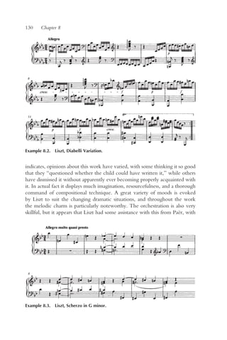 130    Chapter 8




Example 8.2. Liszt, Diabelli Variation.


indicates, opinions about this work have varied, with some thinking it so good
that they “questioned whether the child could have written it,” while others
have dismissed it without apparently ever becoming properly acquainted with
it. In actual fact it displays much imagination, resourcefulness, and a thorough
command of compositional technique. A great variety of moods is evoked
by Liszt to suit the changing dramatic situations, and throughout the work
the melodic charm is particularly noteworthy. The orchestration is also very
skillful, but it appears that Liszt had some assistance with this from Paër, with




Example 8.3. Liszt, Scherzo in G minor.
 