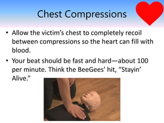 Chest Compressions
• Allow the victim’s chest to completely recoil
between compressions so the heart can fill with
blood.
• Your beat should be fast and hard—about 100
per minute. Think the BeeGees’ hit, “Stayin’
Alive.”
 