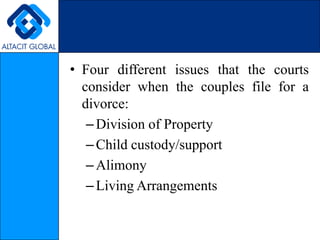 Four different issues that the courts consider when the couples file for a divorce: Division of PropertyChild custody/supportAlimonyLiving Arrangements