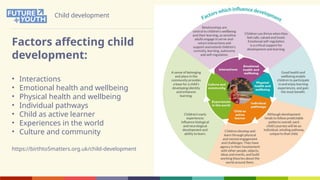 Child development
Factors affecting child
development:
• Interactions
• Emotional health and wellbeing
• Physical health and wellbeing
• Individual pathways
• Child as active learner
• Experiences in the world
• Culture and community
https://birthto5matters.org.uk/child-development
 