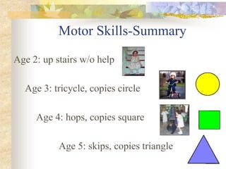 Motor Skills-Summary
Age 2: up stairs w/o help
Age 3: tricycle, copies circle
Age 4: hops, copies square
Age 5: skips, copies triangle
 