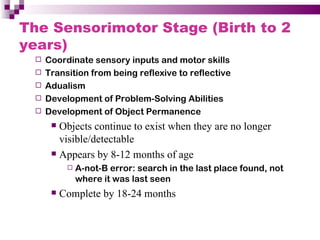 The Sensorimotor Stage (Birth to 2
years)
     Coordinate sensory inputs and motor skills
     Transition from being reflexive to reflective
     Adualism
     Development of Problem-Solving Abilities
     Development of Object Permanence
        Objects continue to exist when they are no longer
         visible/detectable
        Appears by 8-12 months of age
               A-not-B error: search in the last place found, not
                where it was last seen
          Complete by 18-24 months
 