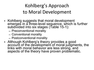 Kohlberg’s Approach to Moral Development Kohlberg suggests that moral development emerges in a three-level sequence, which is further subdivided into six stages (Table 15-1): Preconventional morality Conventional morality Postconventional morality Although Kohlberg’s theory provides a good account of the development of moral judgments, the links with moral behavior are less strong, and aspects of the theory have proven problematic. 