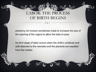 LABOR: THE PROCESS OF BIRTH BEGINS Episiotomy An incision sometimes made to increase the size of the opening of the vagina to allow the baby to pass The  third stage of labor  occurs when the child’s umbilical cord (still attached to the neonate) and the placenta are expelled from the mother. 