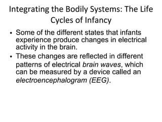 Integrating the Bodily Systems: The Life Cycles of Infancy Some of the different states that infants experience produce changes in electrical activity in the brain. These changes are reflected in different patterns of electrical  brain waves , which can be measured by a device called an  electroencephalogram (EEG) . 