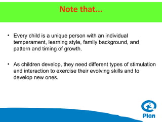 Note that...
• Every child is a unique person with an individual
temperament, learning style, family background, and
pattern and timing of growth.
• As children develop, they need different types of stimulation
and interaction to exercise their evolving skills and to
develop new ones.

 