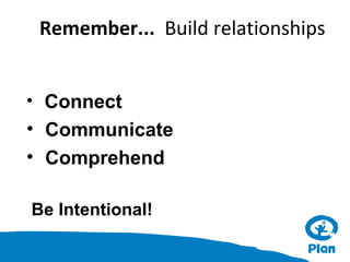 Remember... Build relationships
• Connect

• Communicate
• Comprehend
Be Intentional!

 