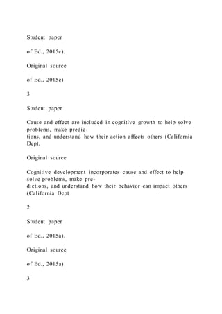 Student paper
of Ed., 2015c).
Original source
of Ed., 2015c)
3
Student paper
Cause and effect are included in cognitive growth to help solve
problems, make predic-
tions, and understand how their action affects others (California
Dept.
Original source
Cognitive development incorporates cause and effect to help
solve problems, make pre-
dictions, and understand how their behavior can impact others
(California Dept
2
Student paper
of Ed., 2015a).
Original source
of Ed., 2015a)
3
 