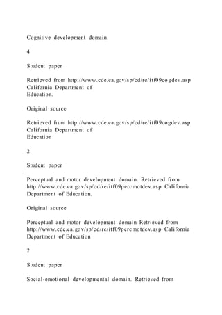 Cognitive development domain
4
Student paper
Retrieved from http://www.cde.ca.gov/sp/cd/re/itf09co gdev.asp
California Department of
Education.
Original source
Retrieved from http://www.cde.ca.gov/sp/cd/re/itf09cogdev.asp
California Department of
Education
2
Student paper
Perceptual and motor development domain. Retrieved from
http://www.cde.ca.gov/sp/cd/re/itf09percmotdev.asp California
Department of Education.
Original source
Perceptual and motor development domain Retrieved from
http://www.cde.ca.gov/sp/cd/re/itf09percmotdev.asp California
Department of Education
2
Student paper
Social-emotional developmental domain. Retrieved from
 