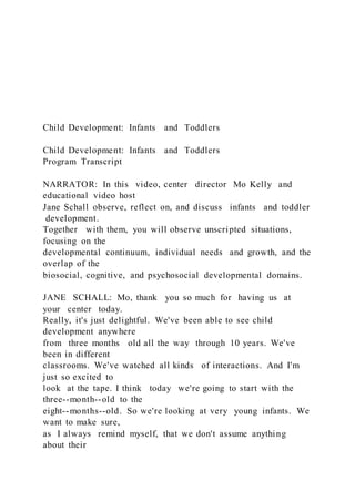 Child Development: Infants and Toddlers
Child Development: Infants and Toddlers
Program Transcript
NARRATOR: In this video, center director Mo Kelly and
educational video host
Jane Schall observe, reflect on, and discuss infants and toddler
development.
Together with them, you will observe unscripted situations,
focusing on the
developmental continuum, individual needs and growth, and the
overlap of the
biosocial, cognitive, and psychosocial developmental domains.
JANE SCHALL: Mo, thank you so much for having us at
your center today.
Really, it's just delightful. We've been able to see child
development anywhere
from three months old all the way through 10 years. We've
been in different
classrooms. We've watched all kinds of interactions. And I'm
just so excited to
look at the tape. I think today we're going to start with the
three--month--old to the
eight--months--old. So we're looking at very young infants. We
want to make sure,
as I always remind myself, that we don't assume anything
about their
 