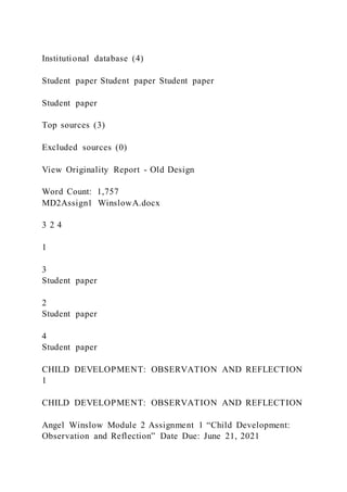 Institutional database (4)
Student paper Student paper Student paper
Student paper
Top sources (3)
Excluded sources (0)
View Originality Report - Old Design
Word Count: 1,757
MD2Assign1 WinslowA.docx
3 2 4
1
3
Student paper
2
Student paper
4
Student paper
CHILD DEVELOPMENT: OBSERVATION AND REFLECTION
1
CHILD DEVELOPMENT: OBSERVATION AND REFLECTION
Angel Winslow Module 2 Assignment 1 “Child Development:
Observation and Reflection” Date Due: June 21, 2021
 