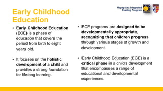 Early Childhood
Education
▪ ECE programs are designed to be
developmentally appropriate,
recognizing that children progress
through various stages of growth and
development.
▪ Early Childhood Education (ECE) is a
critical phase in a child's development
that encompasses a range of
educational and developmental
experiences.
▪ Early Childhood Education
(ECE) is a phase of
education that covers the
period from birth to eight
years old.
▪ It focuses on the holistic
development of a child and
provides a strong foundation
for lifelong learning.
 