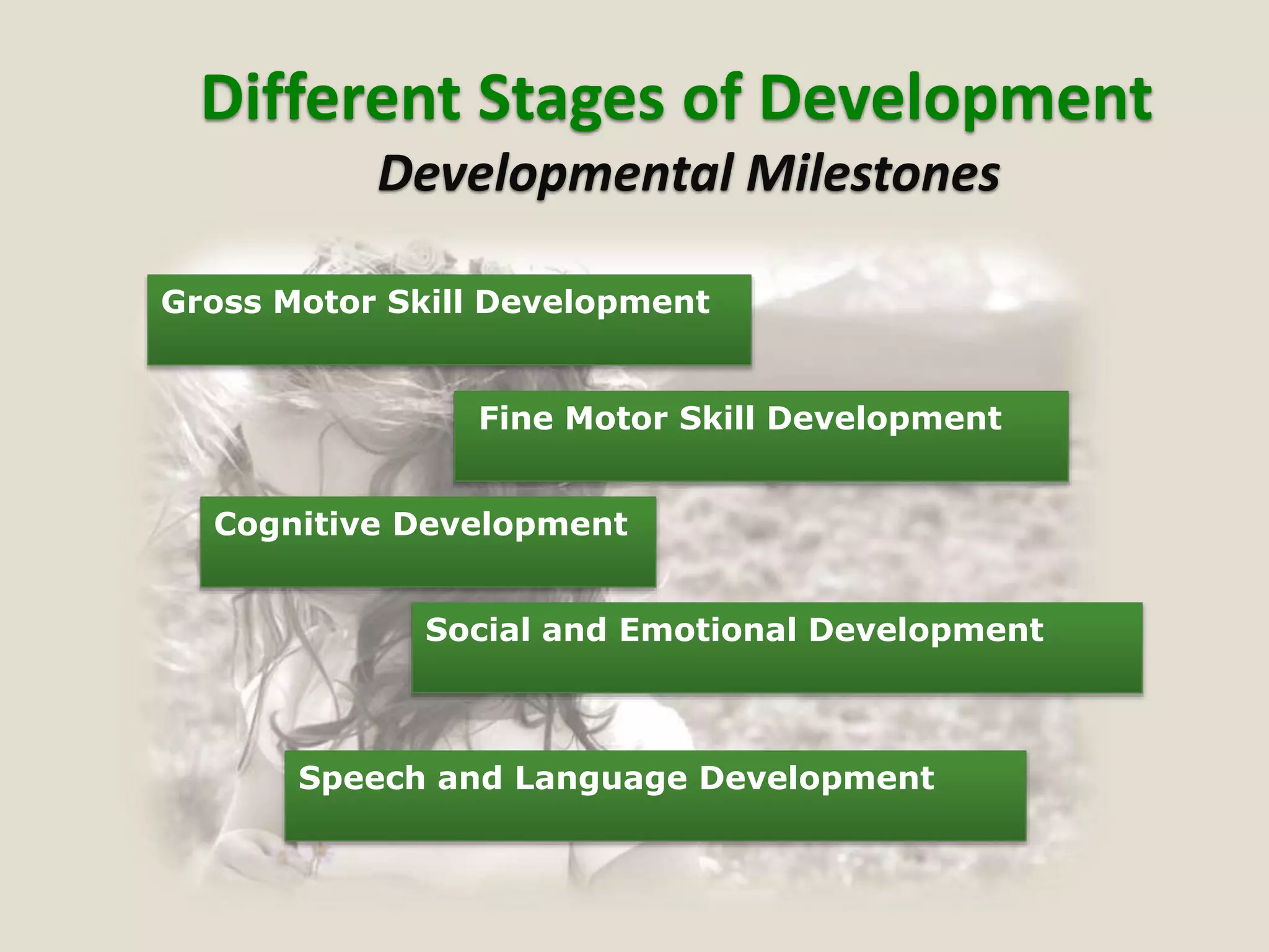 Different Stages of Development
Developmental Milestones
Gross Motor Skill Development
Fine Motor Skill Development
Cognitive Development
Social and Emotional Development
Speech and Language Development
 