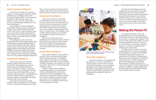 84 Part One The Children and You
Verbal-Linguistic Intelligence
Verbal-linguistic intelligence involves the
ability to use language for expression. People
with this type of intelligence have well-
developed language skills. They demonstrate
sensitivity to the meaning, sound, and
rhythm of words. Lawyers, poets, public
speakers, and language translators have this
type of intelligence.
Young children with this intelligence
learn best by talking, listening, reading, and
writing. These children quickly learn the
words to new stories, songs, and ﬁnger plays.
They enjoy talking to other people and are
able to speak in an interesting and engaging
manner. They are also able to learn a second
language with ease.
This intelligence can be nurtured by
environments rich with language opportunities.
Children learn language in settings where it
is used. Teachers need to follow the children’s
interests. They can then use these interests to
engage children in meaningful conversations.
Children’s storybooks, songs, poetry, chants,
and rhymes can serve as means for learning
new vocabulary words. Listening to and telling
stories can also promote language development.
Interpersonal Intelligence
People with interpersonal intelligence
display excellent communication and
social skills. These people have a gift for
understanding the feelings, behaviors,
moods, and motives of others. They make
friends easily. They use language to develop
trust and bonds with others. They are also
skilled in supporting others and empathizing
with them. These skills are important for
teachers, politicians, salespeople, and people
working in the service industry.
These skills are nurtured in young
children when caring behaviors are modeled
for them. Teachers should keep this in mind.
They can share experiences and provide the
children with chances for verbal interaction.
Books focusing on emotions can be acted out.
Intrapersonal Intelligence
Intrapersonal intelligence is the ability
to understand the inner self. This is also
known as self-awareness. It involves knowing
your skills, limits, and feelings. It includes
understanding your desires and motives.
The ability to organize groups of people is
part of this strength. Communicating needs
clearly is another aspect. Psychologists, social
workers, religious leaders, and counselors
are examples of people with this type of
intelligence.
How can you foster this type of
intelligence? In the classroom, share emotions
that all children experience. These include
joy, sadness, regret, and disappointment.
Classroom examples should be shared as
well as storybooks that contain emotional
concepts.
Visual-Spatial Intelligence
Visual-spatial intelligence allows people to
use their vision to develop mental images.
People who have this type of intelligence
show a preference for pictures and images.
Photographers and artists are some examples.
Architects, engineers, and surgeons also need
this ability. They use it to see the relationship
of objects in space.
Teachers can foster this intelligence
by providing children with unstructured
materials. Building blocks and puzzles
strengthen this type of intelligence, 4-18.
Make and use visual aids wherever possible.
For example, classroom schedules, recipes,
and stories can all be displayed on charts.
Shelving units can be labeled with pictures
cut from equipment catalogs.
Chapter 4 Child Development Principles and Theories 85
Naturalistic Intelligence
Naturalistic intelligence is developed from
the need to survive. This is the ability to
classify objects in nature such as animals
and plants. It depends on a type of pattern
recognition. This strength also includes
the ability to distinguish among types and
brands of objects. Sailors, gardeners, chefs,
and farmers are people who have this
intelligence.
To build on this intelligence, provide
cooking activities and nature walks. These
help develop use of the senses to gather
information. Planting and growing a garden
helps the children observe cycles. Rocks,
seashells, ﬂowers, leaves, seeds, and coins
can also be collected. In the classroom, they
can be sorted and classiﬁed. Post picture
collections and share books about natural
events.
Making the Pieces Fit
You might be thinking, “How will
knowing about the areas and principles of
development, the brain, and theories help me
in my career in working with children?” The
answer is both simple and complex. It’s much
like ﬁtting together the pieces of a puzzle.
In order to become a nurturing, responsive
teacher, you must have insight into how
children grow and develop.
The brain affects all aspects of growth
and development. The areas and principles
of development are similar for all children.
Development generally progresses in a
similar way for all children. Although each
theory looks at development from a different
angle, each offers a wealth of insight into
how children develop. On what do the
theorists agree? Children learn best in a
caring environment rich with opportunity for
learning. In addition, caregivers help build
the self-conﬁdence and self-worth children
need to safely explore the world.
Visual-spatial intelligence can be promoted through
toys such as blocks and puzzles.
4-18
 