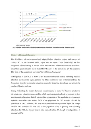 10

                      00
                      ue




                      ,0
                      al



                      in
                      V



                      s




        Data Courtesy: MHRD
  Fig 1: Growth in institutes in primary and secondary education from 1950 to 2006 academic years



History of Indian Education
The rich history of much admired and adopted Indian education system leads to the 3rd
century BC. In the Monastic order, sages used to impart Vidya (knowledge) to their
disciplines for the nobility in ancient India. Ancient India had the tradition of ‘Gurukuls’.
Under this system students had to live at the ‘Ashram’ of the teacher and get the education.
This form of the education is known as ‘Guru-Shishya Parampara’.

In the period of 200 BCE to 400 CE, the Buddhist institutions started imparting practical
education like medicine, logic, grammar etc. These institutions were systematic and laid the
foundation stone for systematic education system for imparting knowledge and attracted a
number of foreign students.

During British Raj, the modern European education came to India. The Raj was reluctant to
introduce mass education system and the whole existing educational and government system
went through reformation. British increased the percentage of the population in primary and
secondary education from around 0.6% of the population in 1787 to over 3.5% of the
population in 1941. However, this was much lower than the equivalent figure for Europe
wherein 1911 between 8% and 18% of the population were in primary and secondary
education. In 1901, the literacy rate in India was only about 5% though by independence it
was nearly 20%.




                                                                                                    Page | 5
 