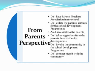 • Do I have Parents Teachers
Association in my school
• Do I utilize the parents’ services
for the school development
Programmes
• Am I accessible to the parents
• Do I take suggestions from the
parents for activities for
developments
• Do I involve the community in
the school development
Programme
• Do I connect myself with the
community

From
Parents
Perspective

 