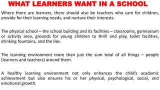 WHAT LEARNERS WANT IN A SCHOOL
Where there are learners, there should also be teachers who care for children,
provide for their learning needs, and nurture their interests.
The physical school – the school building and its facilities – classrooms, gymnasium
or activity area, grounds for young children to thrill and play, toilet facilities,
drinking fountains, and the like.
The learning environment more than just the sum total of all things – people
(learners and teachers) around them.
A healthy learning environment not only enhances the child’s academic
achievement but also ensures his or her physical, psychological, social, and
emotional growth.
 