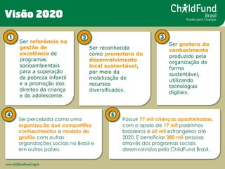 www.childfundbrasil.org.br 
Ser referência na gestão de excelência de programas socioambientais para a superação da pobrez...