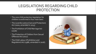 LEGISLATIONS REGARDING CHILD
PROTECTION
The core child protection legislation for
children is enshrined in four main laws:
The Juvenile Justice (Care and Protection)
Act (2000, amended in 2015)
The Prohibition of Child MarriageAct
(2006)
The Protection of Children from Sexual
Offences Act (2012)
The Child Labour (Prohibition and
Regulation)Act (1986, amended in 2016).