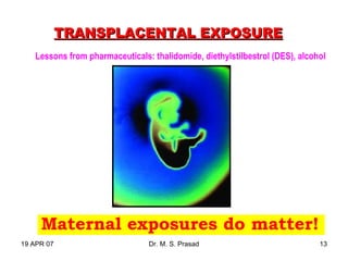 19 APR 07 Dr. M. S. Prasad 13
TRANSPLACENTAL EXPOSURETRANSPLACENTAL EXPOSURE
Maternal exposures do matter!
Lessons from pharmaceuticals: thalidomide, diethylstilbestrol (DES), alcohol
 