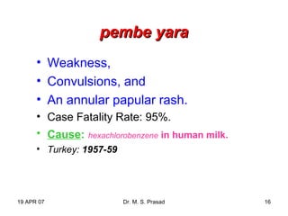 19 APR 07 Dr. M. S. Prasad 16
pembe yarapembe yara
• Weakness,
• Convulsions, and
• An annular papular rash.
• Case Fatality Rate: 95%.
• Cause: hexachlorobenzene in human milk.
• Turkey: 1957-59
 