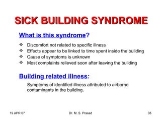 19 APR 07 Dr. M. S. Prasad 35
SICK BUILDING SYNDROMESICK BUILDING SYNDROME
What is this syndrome?
 Discomfort not related to specific illness
 Effects appear to be linked to time spent inside the building
 Cause of symptoms is unknown
 Most complaints relieved soon after leaving the building
Building related illness:
Symptoms of identified illness attributed to airborne
contaminants in the building.
 
