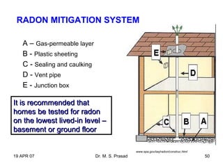 19 APR 07 Dr. M. S. Prasad 50
RADON MITIGATION SYSTEM
A – Gas-permeable layer
B - Plastic sheeting
C - Sealing and caulking
D - Vent pipe
E - Junction box
It is recommended thatIt is recommended that
homes be tested for radonhomes be tested for radon
on the lowest lived-in level –on the lowest lived-in level –
basement or ground floorbasement or ground floor
www.epa.gov/iaq/radon/construc.html
 